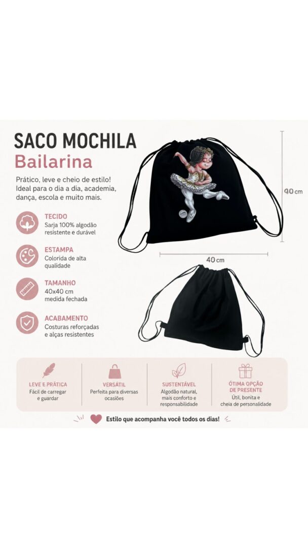 Mochila Saco Sarja Preta 347 DN Raymonda - Imagem 4