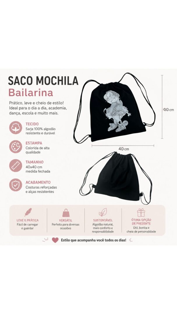 Mochila Saco Sarja Preta 371 DN Fada Azul Desenho - Imagem 4
